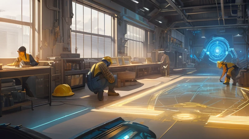 Digital illustration of a futuristic workshop with a warm, golden glow. Three makers in blue overalls and yellow hard hats working on a large, floating holographic blueprint on the floor. Above them, a massive glowing UFO-like device with intricate circuitry and blue energy rings. Workshop filled with a mix of traditional tools and high-tech gadgets. Soft light streaming through windows on the left. Include a curious cat observing the scene. Color palette: warm yellows, cool blues, and neutral grays. Style: hyper-realistic digital painting with a touch of whimsy. Lighting: dramatic contrast between the warm glow of the central area and cooler shadows in the corners.
