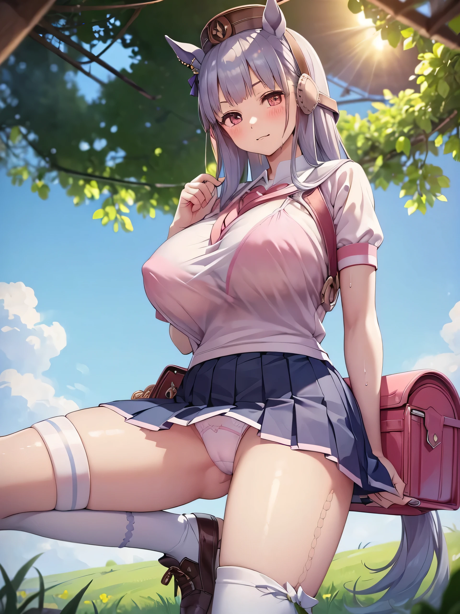 (masterpiece, Highest quality:1.2), alone, One girl, 幼いchildのゴールドシップ, pillbox hat,白いchild服、Puffy short sleeves、Pleated skirt、Knee-high socks、Horse tail,、grassland、Nature、blush、smile、(Huge breasts:1.4)、Lace bra is see-through、Clothes are see-through、Open your legs、Leg spread、、ergarteners、、6 yearさな体、Masturbation、Carry a school bag、See-through underwear、From below、Clothes get wet、Panty wedgie、is see-through