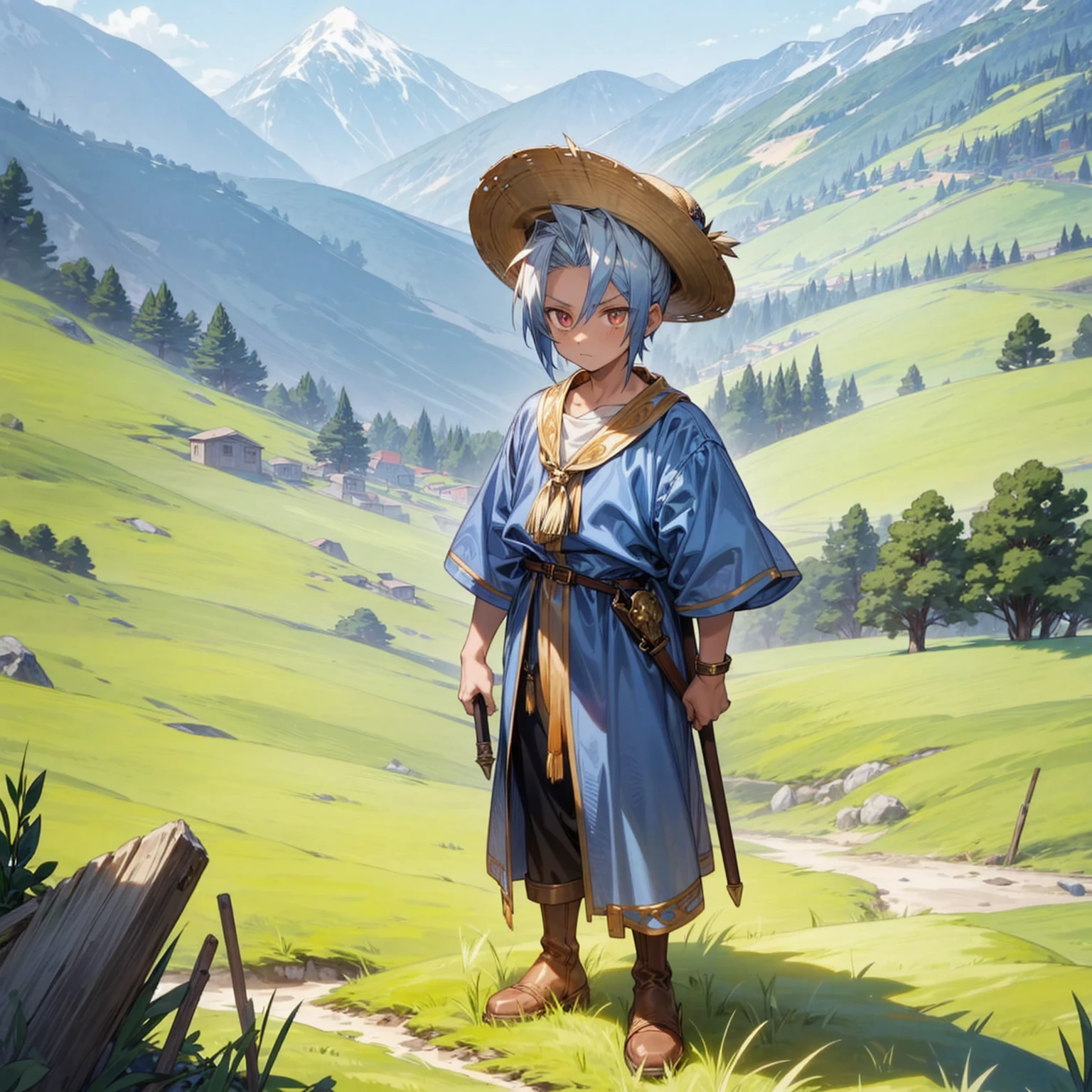 1little boy, Full body version, 1character, gold eyes, tan skin, mohawk hairstyle, round eyes type, gold colour hair, blue cowboy hat, Renaissance clothing, gray color clothing, Ancient Roman boots, (hammer in hand), Grassroots background in mountain fields