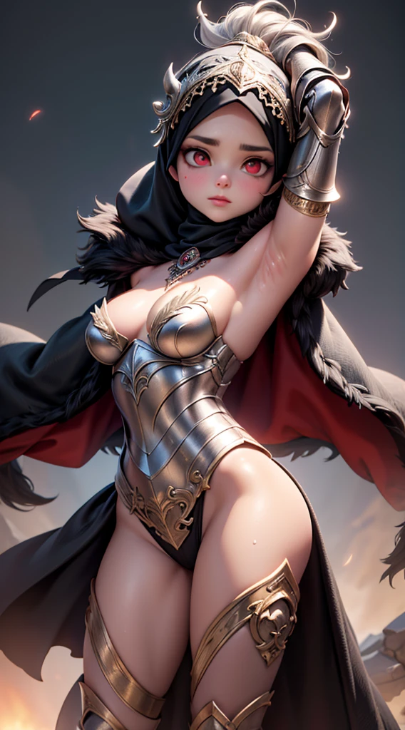 masterpiece, Bokeh, Highest quality, Realistic, Ultra-high resolution, 1 mature female, Highly detailed close-up portrait,

Queen of the Desert, (Black hijab, Red fur cloak:1.2), Black Dress, (Dragonborn Full Plate Armor), Intricate silver embroidery,

Beautiful red eyes, (Ultra-detailed armpits:1.4), Sweaty armpits, Shiny skin, nice,

Complex gray background, Powerful backlight, Volumetric lighting, Soft lighting