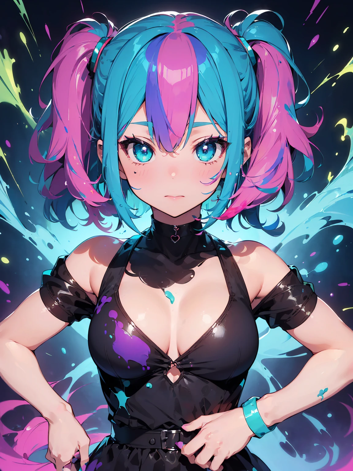 Anime Girls, (Current fashion) , Bare shoulders, (Big Breasts:1.3), ((Superior:1.3, Perfect Eyes ,Beautiful and detailed, Super clever turquoise eyes sparkle:1.1, Gradient Eye:1, Beautiful Eyes:1, Symmetrical eyes:1, Big Eye Highlights:1.2)), Very shy, blush, (Open your mouth), Concerned, In a psychedelic room , Psychic trance illustrations, psychedelic art style, Neon Color Theme, (((masterpiece))), (Complex), 8K, Highest quality, (Visual Strength: 1.5),Thin 5 fingers, Accurate anatomy,
(((liquid paint hair:1.1))) ,(((neon Purple Hair | Emerald Hair | Bright green hair | Neon pink hair | Neon blue hair | Neon Aqua Hair | Purple Hair | Fuchsia colored hair | Fluorescent blue hair | Amethyst Hair | Neon Hair | Bright pink hair :1.5))), ((Painted、Defying Gravity,Thick flow),(Paint splashes:1.3), (Shiny Hair: 1.3), (Bright colors), Dynamic pose, Embarrassing,in the center,Scale to fit,Three-part method, Liquid coating stop,
Colorful background, Colorful Themes, Splash paint play, Beautiful light, Colorful light particles,High contrast in clothing, Splashes of color, Color Drawing Wall, Complex 精通する, Exposure Blending, High resolution, (Graffiti art),Accurate Fingers