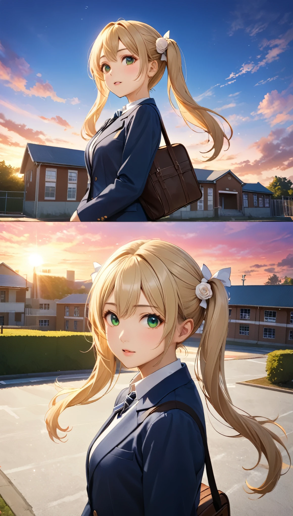 Highest quality, Highest quality, 16K, Unbelievably absurd, Very detailed, 2.5D, delicate and dynamic, School, Schoolyard, after school, sunset, Vivid sky, 小さなかすかな光と色Vivid sky気, School bag, Small face, Very delicate facial expressions, Delicate eye depiction, Upper body close-up,, erotic, dynamic sexy poses, One sexy woman, Healthy body shape, 16-year-old female, doaxvv_marie rose, student, Height: 170cm, big firm bouncing busts, , blonde very long wavy hair, twin tail, Landscape, Looking back towards the camera, Looking up, Navy blue blazer, White shirt, Green skirt, knee high socks, Brown Loafers, Schoolyardに一人で立っている