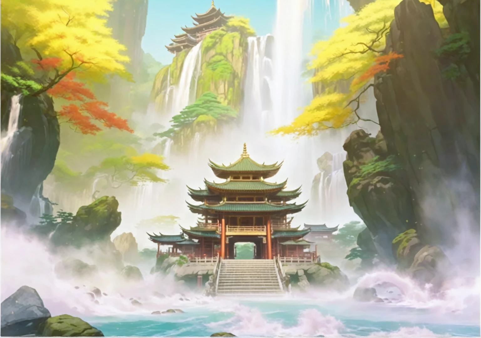 There is a painting，The painting shows a pagoda in the forest，And the waterfall, background technology, background technologywork, Onmyoji detailed art, Temple Background, Depicting the background of the temple, Cora Legend setting, Pagoda Figures, zen Temple Background, g liulian art style, stylized concept art, anime background technology, Anime Landscape Concept Art