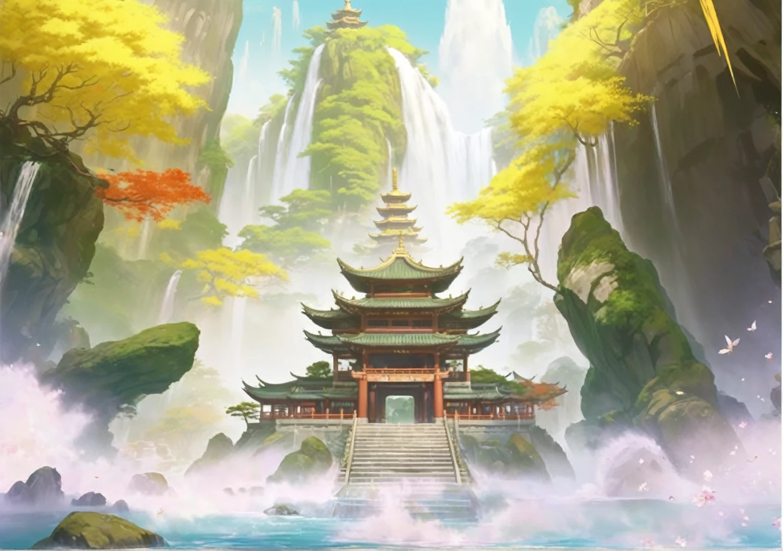 There is a painting，The painting shows a pagoda in the forest，And the waterfall, background technology, background technologywork, Onmyoji detailed art, Temple Background, Depicting the background of the temple, Cora Legend setting, Pagoda Figures, zen Temple Background, g liulian art style, stylized concept art, anime background technology, Anime Landscape Concept Art