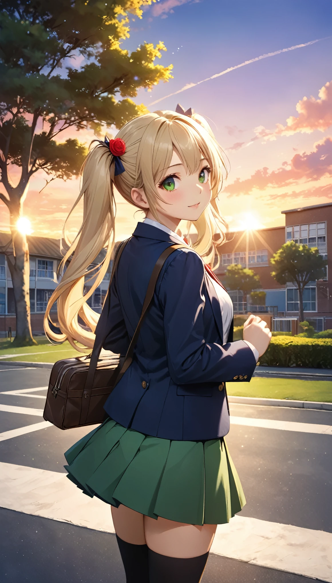 Highest quality, Highest quality, 16K, Unbelievably absurd, Very detailed, 2.5D, delicate and dynamic, School, Schoolyard, after school, sunset, Vivid sky, 小さなかすかな光と色Vivid sky気, School bag, Small face, Very delicate facial expressions, Delicate eye depiction, Upper body close-up,, erotic, dynamic sexy poses, One sexy woman, Healthy body shape, -yeld fee, doaxvv_marie rose, student, Height: 170cm, big firm bouncing busts, , blonde very long wavy hair, twin tail, Landscape, Looking back towards the camera, Looking up, Navy blue blazer, White shirt, Green skirt, knee high socks, Brown Loafers, Schoolyardに一人で立っている