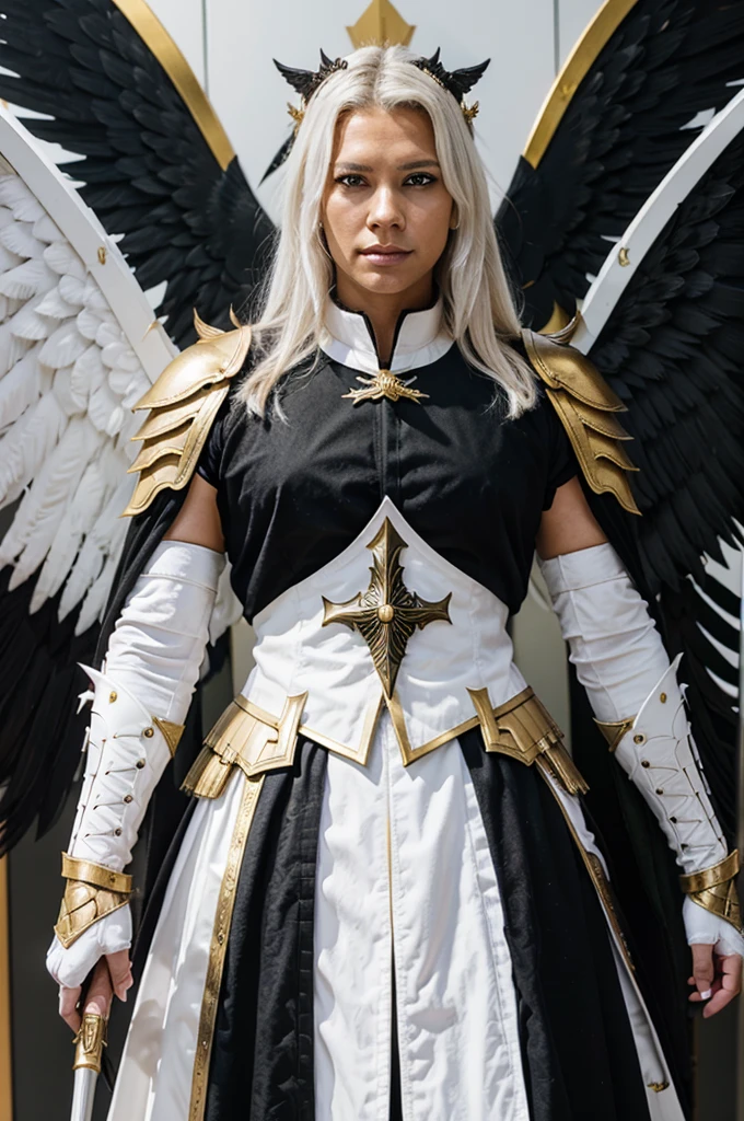 Lucifer with Black Wings, White Spear, and White Full Armor with gold lines