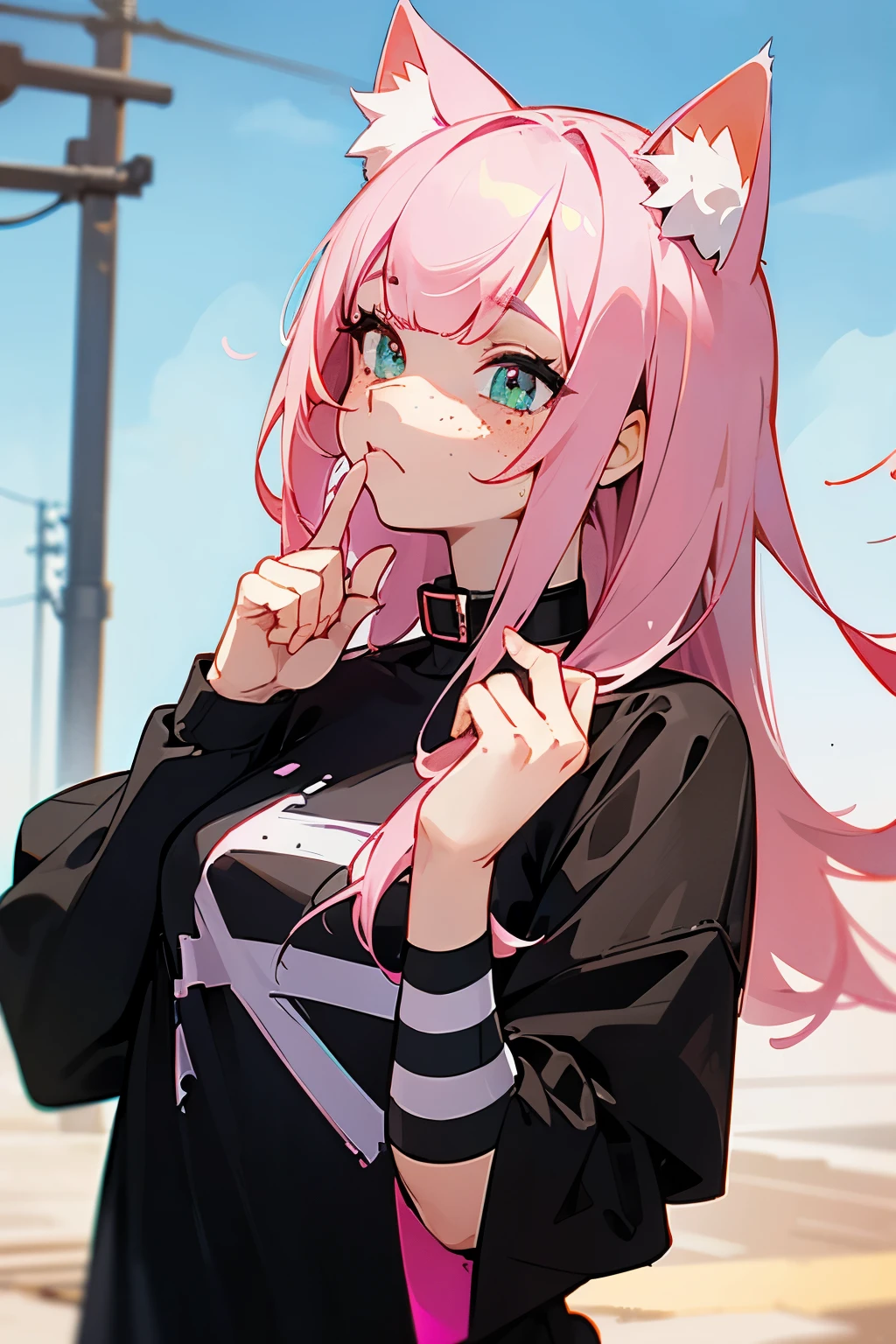 score_9, score_8_up, score_7_up, score_6_up, score_5_up, score_4_up, score_9, egirl, e girl, black tshirt with white striped sleeves, pink hair, bangs and long sides, freckles, collar, cat ears, biting lip, looking away, outdoors