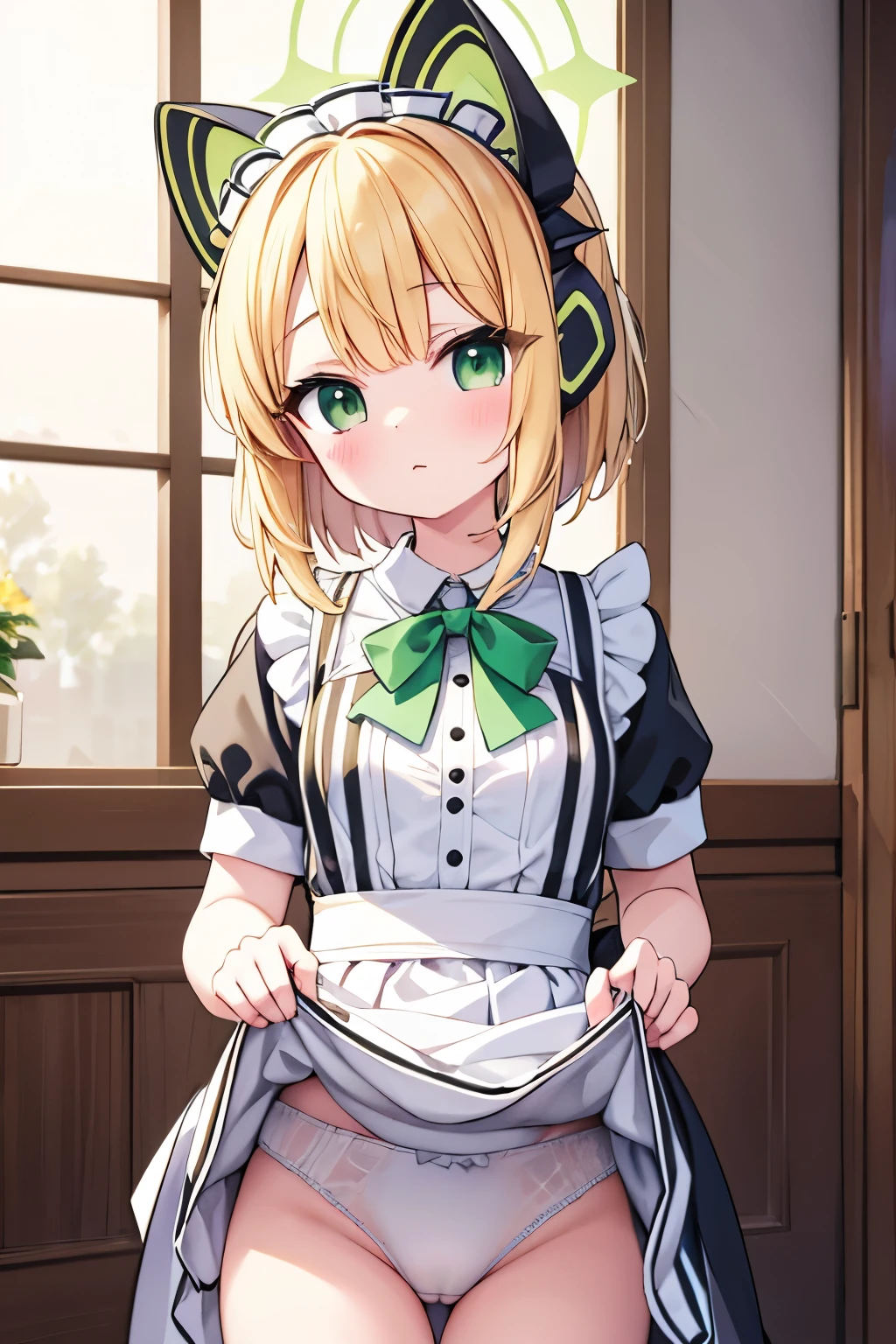 B Cup masterpiece Highest quality High resolution Blonde Maid clothes student Skirt lifted Show your pants cute Midori Saiba Small Mouth Light in your eyes Eye highlights