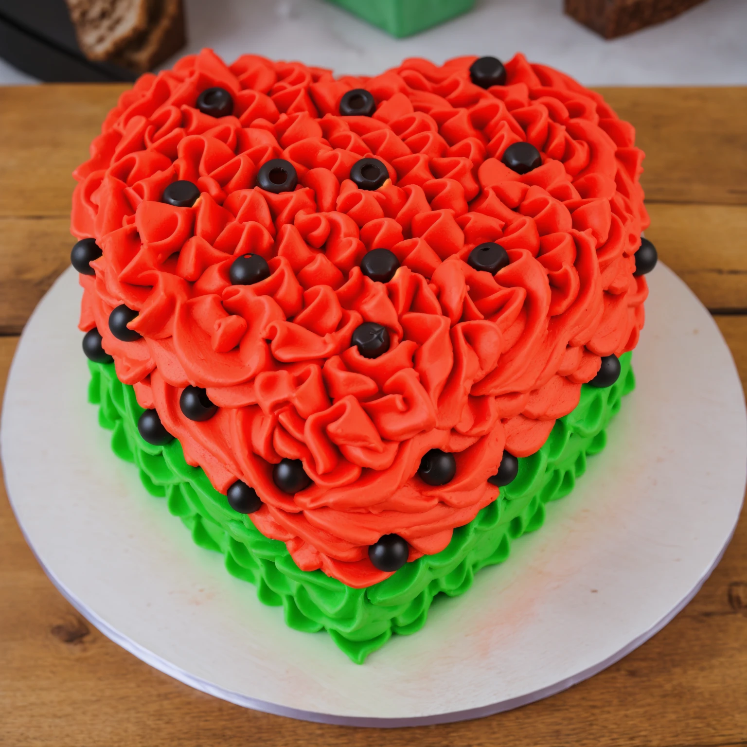 on a wooden table, red and green cream heart cake, star shaped cream, with black plastic beads, Multiple light sources, bright lighting, Realistic style , realistic texture, detailed texture, A high resolution, high quality,