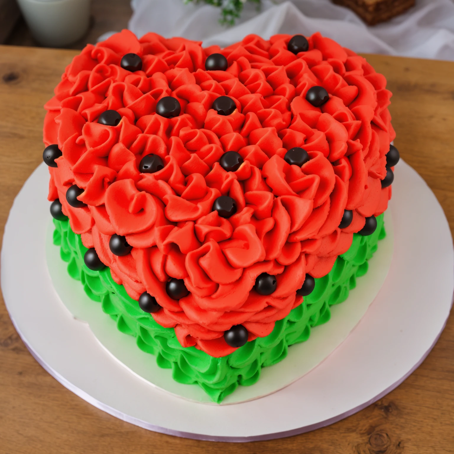 on a wooden table, red and green cream heart cake, star shaped cream, with black plastic beads, Multiple light sources, bright lighting, Realistic style , realistic texture, detailed texture, A high resolution, high quality,