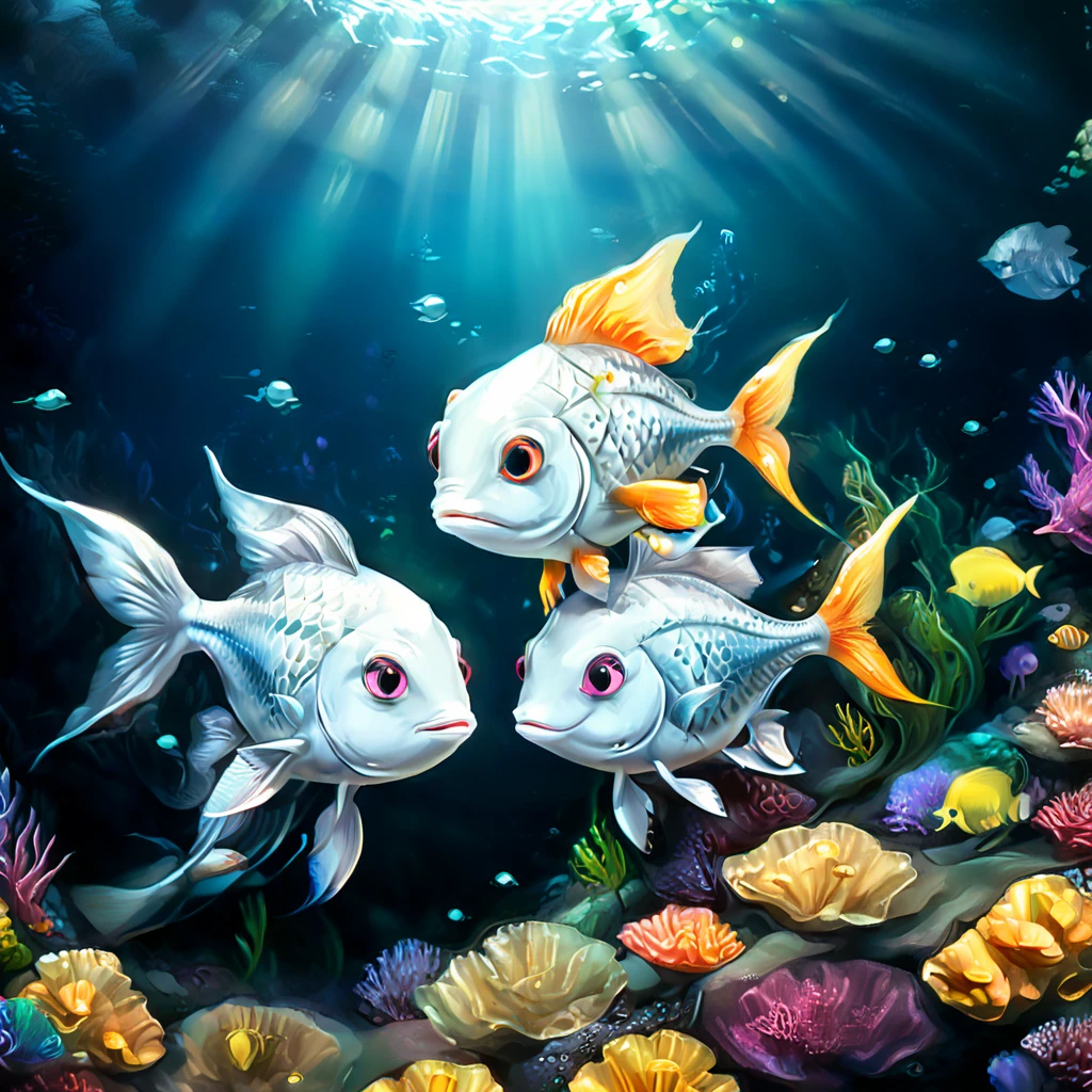 A cute fish with long and slender body silver shiny scales couple on a date in the dark depths of the sea, deep ocean life, fantasy, children's storybook illustration,vibrant colors,detailed lighting, dramatic shadows, whimsical,highly detailed,digital art,concept art,4k,8k,photorealistic,masterpiece,ultra-detailed