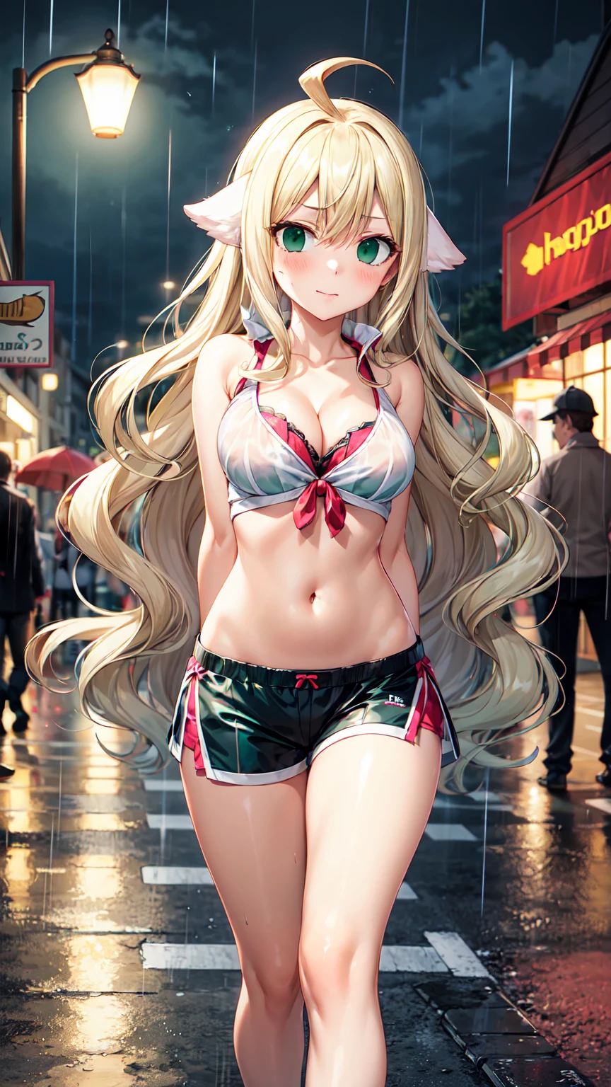 Masterpiece ,best quality , high resolution , (1 girl solo:1.38) , (mavis, long hair, blonde hair, (green eyes:1.5), ahoge, wavy hair, animal ears,) , (cleavage:1.2) , (medium breast:1.28) , (wear baseball hat , belly , navel , sport top , sport short , stockings ) , (arms behind back . hands behind back) , (cleavage:1.15) , (big breast:1.1) , (face view , look at view ) , (outdoor ,on street , road , night , lamp, shop, avenue, raining , vivid rain) , (standing , legs , thighs , cowboy shot) , ( full face blush , shy )