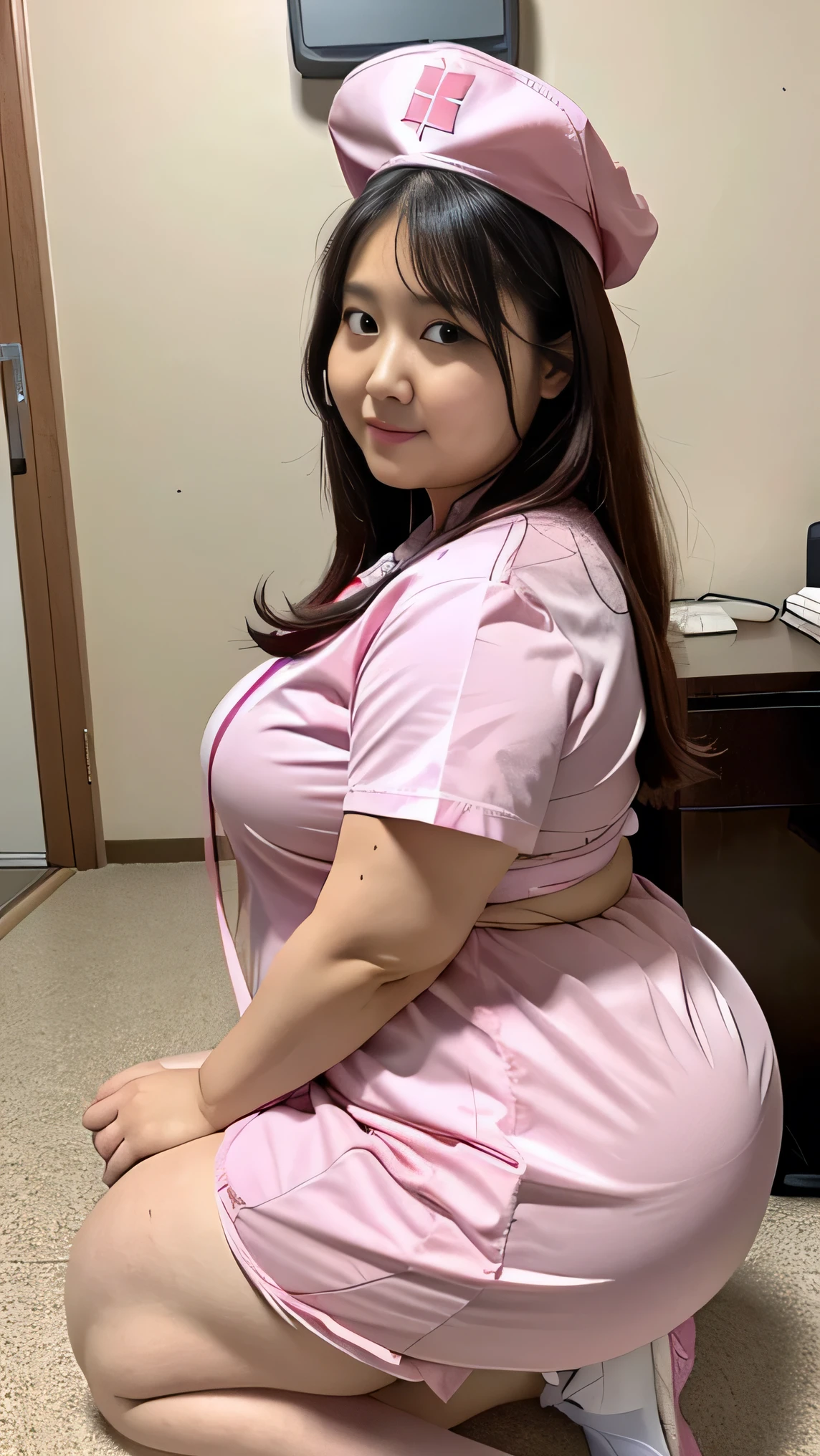 ((8K)), highest quality, 超High resolution、(High resolution), nurse, ((pink nurse costume)), Overweight, extremely fat, ((chubby)), Japanese, ((Get down on one knee)), long hair, straight hair, in the Hospital room