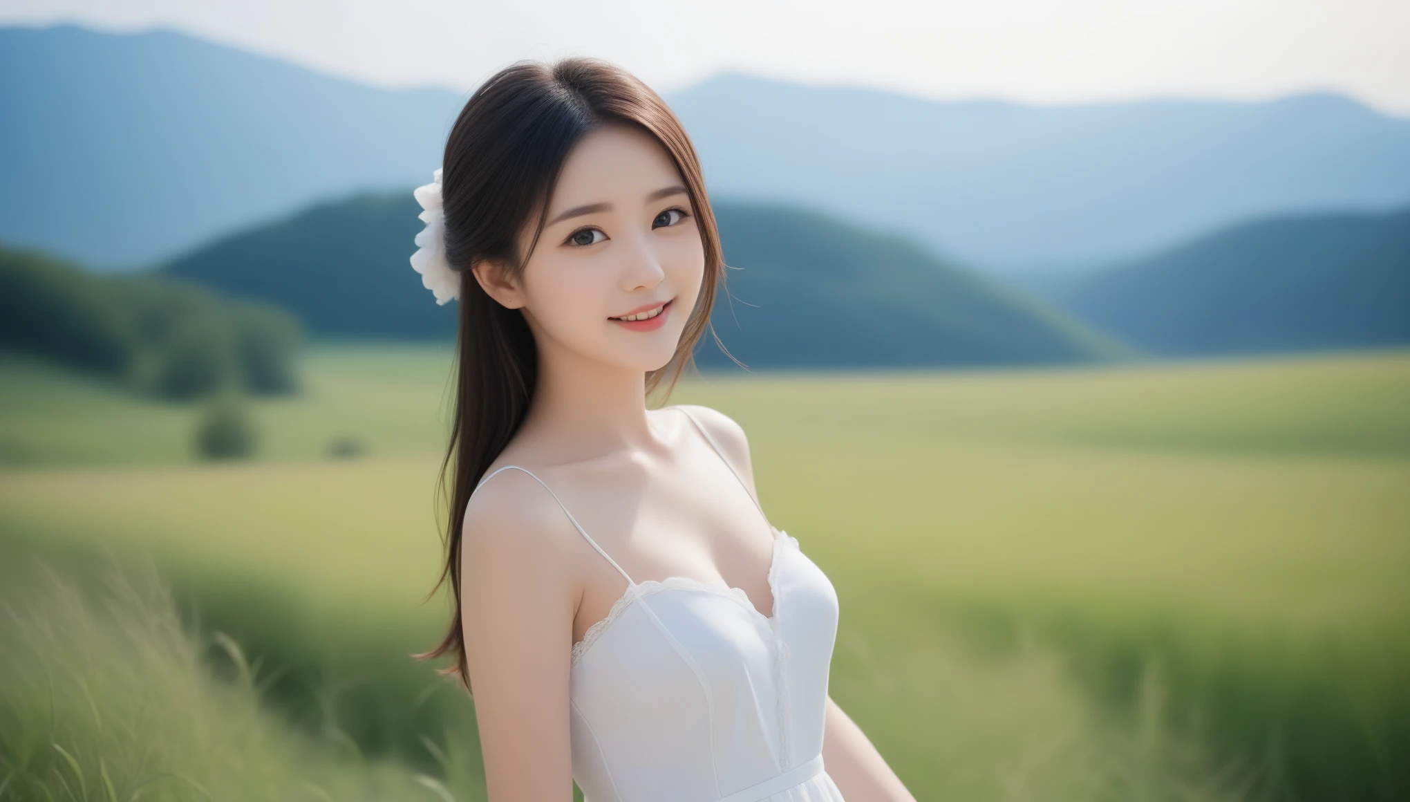 8K, Ultra-high resolution, Highest quality, masterpiece, 三分割法によるphotograph,Surreal, photograph, 1 Girl, (:1.3), pretty girl, Cute face, Beautiful eyes in every detail, 細かくdetailedに,masterpiece,, One Girl:1.2, Japan Female Announcer,whole body, The power of nature, ((ローアングルwhole bodyショット:1.3)), Soft white skin, Sharp eyebrows, Thin lashes, Natural Makeup, Cheek Highlighter, Pale pink lips, (High Quality Black Dress:1.3), ((Beautiful thighs in high resolution, Beautiful feet), ((Distant Horizon:1.5)), ((Rural scenery stretching to the horizon:1.3)), ((Overlooking the countryside from the plateau:1.3)), 美しくdetailedな空, Professional Photographer, Professional Lighting, Professional models,Full of sex appeal,Sensual,A carefree smile,soothe my soul,Looking at the audience、Black Hair,Super long straight hair,beauty,Long neck、Laugh a little、Please close your mouth and laugh、(((Ideal body type))),A cup small breasts :2,、Portraiture:2、Perfect Anatomy、鮮明なdetailed、detailed、Surreal、Light and shadow,Strong light