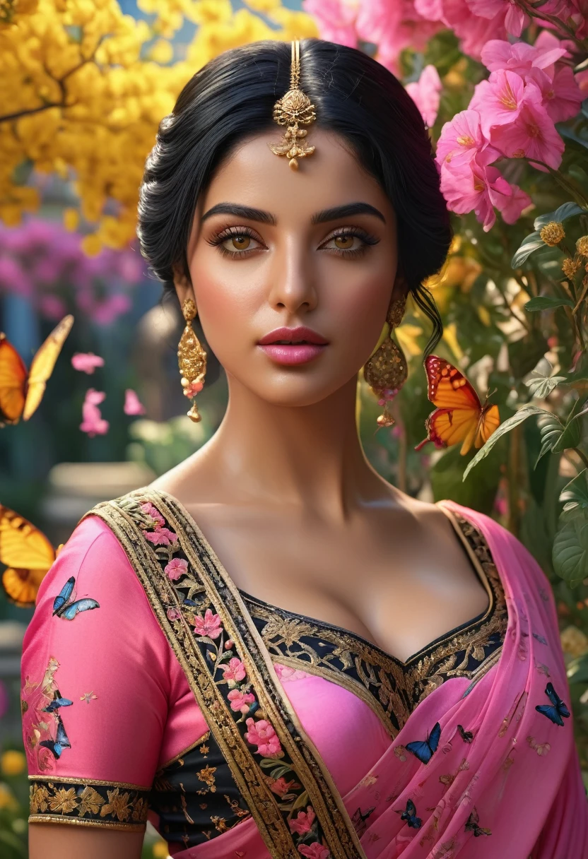 a middle east woman with black hair, beautiful detailed eyes, beautiful detailed lips, extremely detailed face, butterflies in her hair, wearing a pink saree dress with gold details, standing in a garden full of yellow, red, blue, pink flowers, ((large breasts)), (best quality,4k,8k,highres,masterpiece:1.2),ultra-detailed,(realistic,photorealistic,photo-realistic:1.37),intricate,ornate,highly detailed,hyper realistic,vivid colors,dramatic lighting,cinematic,ethereal,fantasy,elegant,beautiful,serene