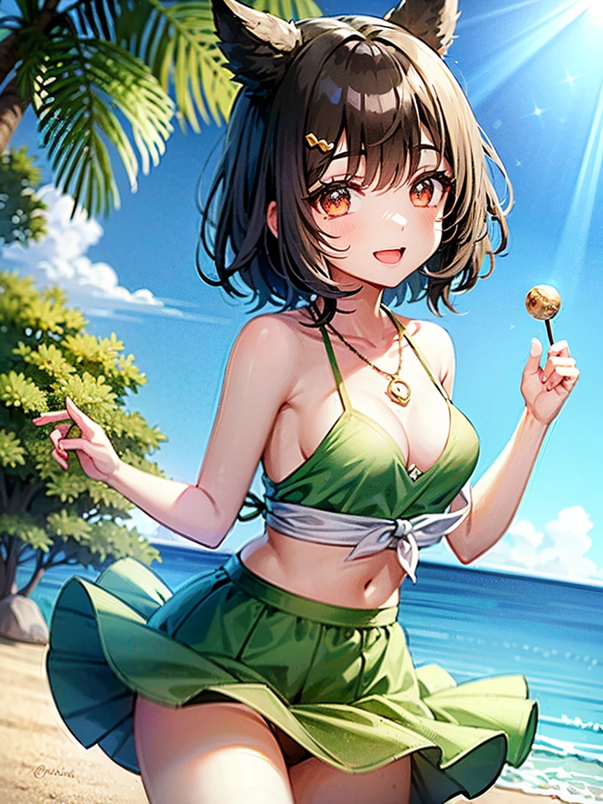 girl wearing green masic dress,(Casting a Spell:1.5)、、,Black Hair、girl、Bun Hair、hair ornaments、necklace、back、Devil horns、Anatomically correct、Swimwear、race、smile