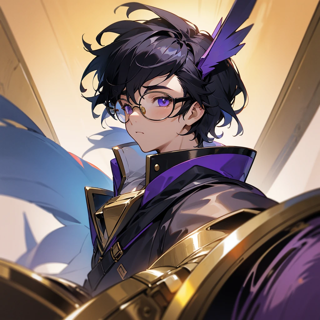 Create a boy, a 10-year-old who has a purple Valkyrie helmet on his head, spiky black hair, golden headphones, large round black glasses and a face that looks like he's drooling, a formal shirt, a silver necklace and a pair of slim pants.