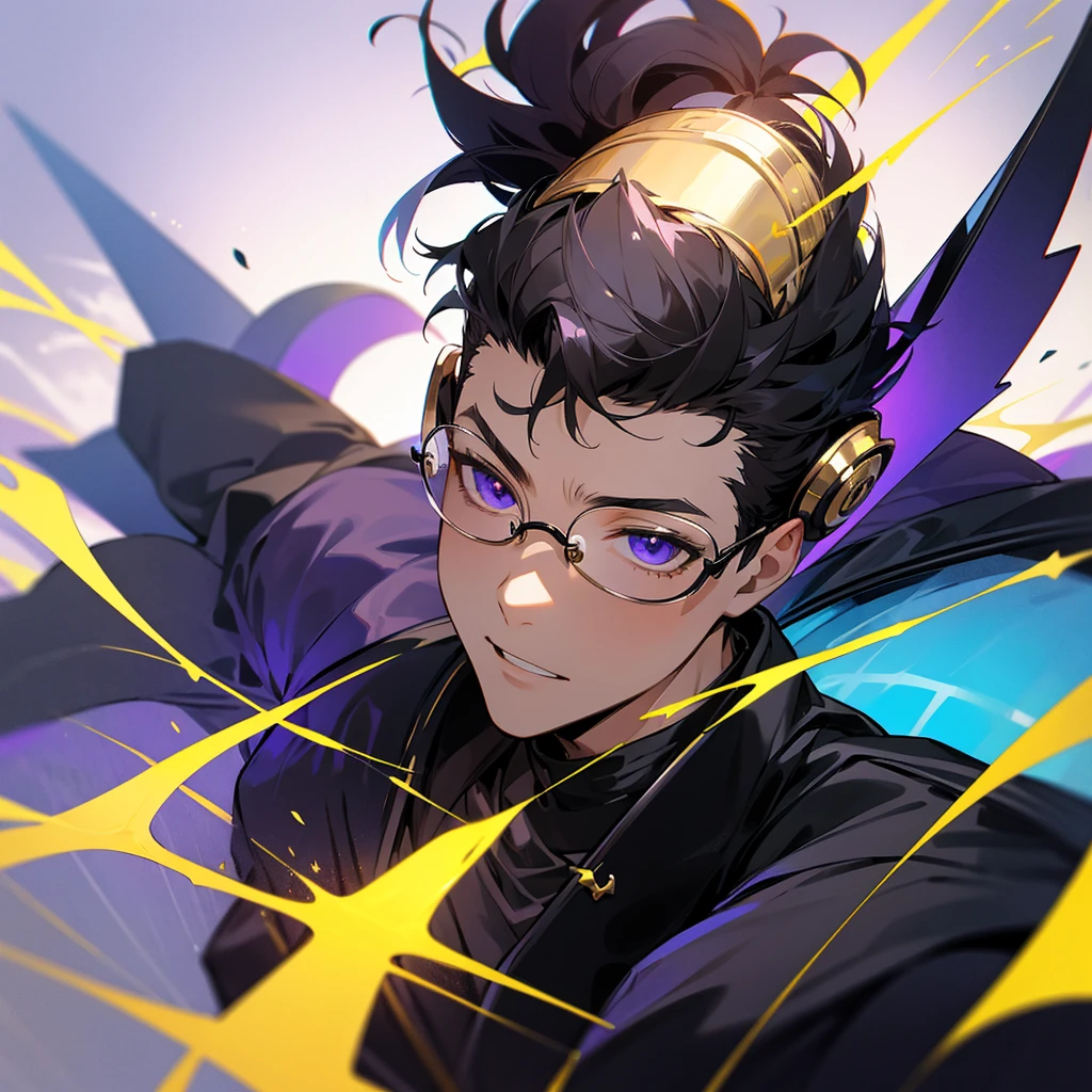 Create a boy, a 10-year-old who has a purple Valkyrie helmet on his head, spiky black hair, golden headphones, large round black glasses and a face that looks like he's drooling, a formal shirt, a silver necklace and a pair of slim pants.
