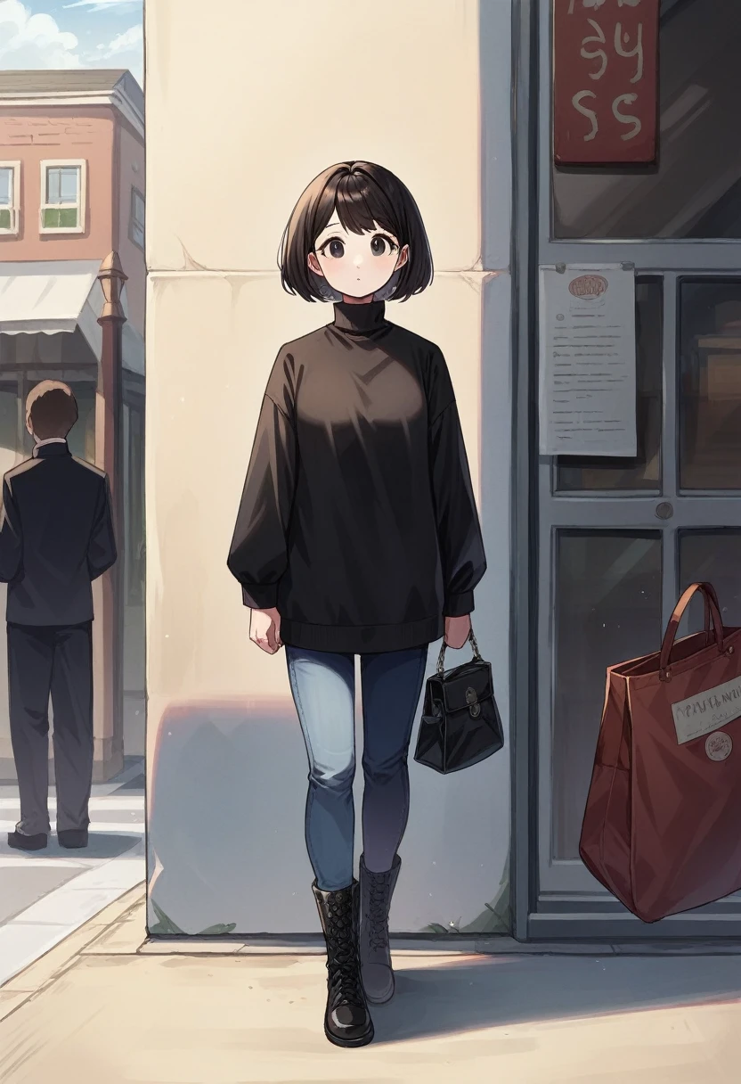 Araffe woman standing on a street corner with a bag and boots., black Large size clothes, black suit, black sweater, Large size, cute woman, black casual clothing, black turtleneck, by Emma Andijewska, Pretty girl, black wool sweater, black tunic, in Paris, black turtleneck lace dress, total white jeans
