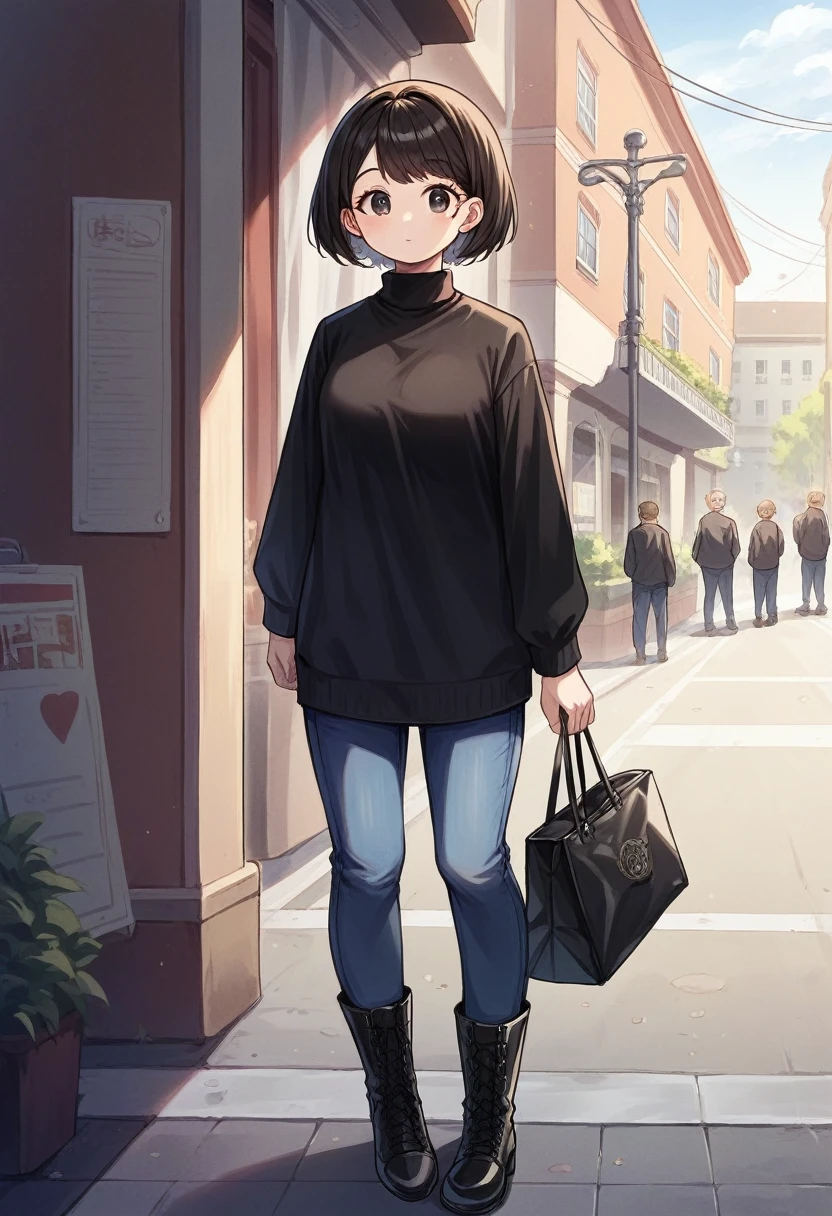 Araffe woman standing on a street corner with a bag and boots., black Large size clothes, black suit, black sweater, Large size, cute woman, black casual clothing, black turtleneck, by Emma Andijewska, Pretty girl, black wool sweater, black tunic, in Paris, black turtleneck lace dress, total white jeans