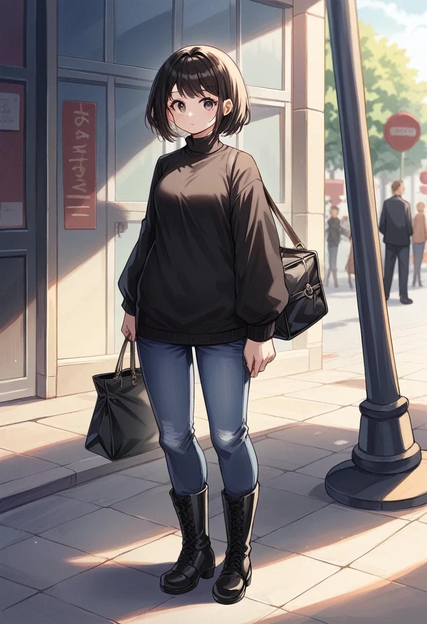 Araffe woman standing on a street corner with a bag and boots., black Large size clothes, black suit, black sweater, Large size, cute woman, black casual clothing, black turtleneck, by Emma Andijewska, Pretty girl, black wool sweater, black tunic, in Paris, black turtleneck lace dress, total white jeans