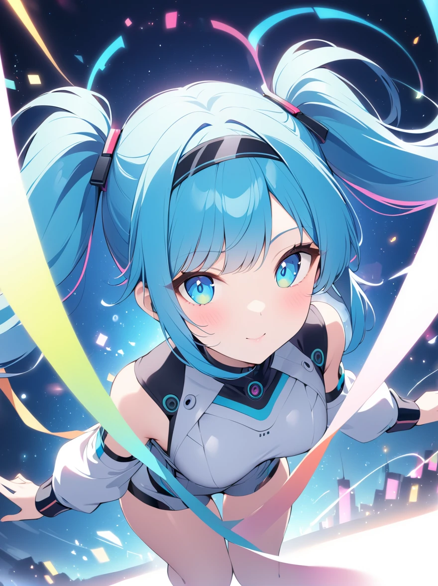 (A young woman with cyan hair in double ponytails:1.5),She is wearing a futuristic outfit,Consists of an electronic-themed dress。Her headband consists of a square-shaped emblem.,Hanging ribbons。The color palette includes cyan、black and white,The overall tone is colorful and vibrant,((Looking directly at the audience,first-person view, ass pov))
