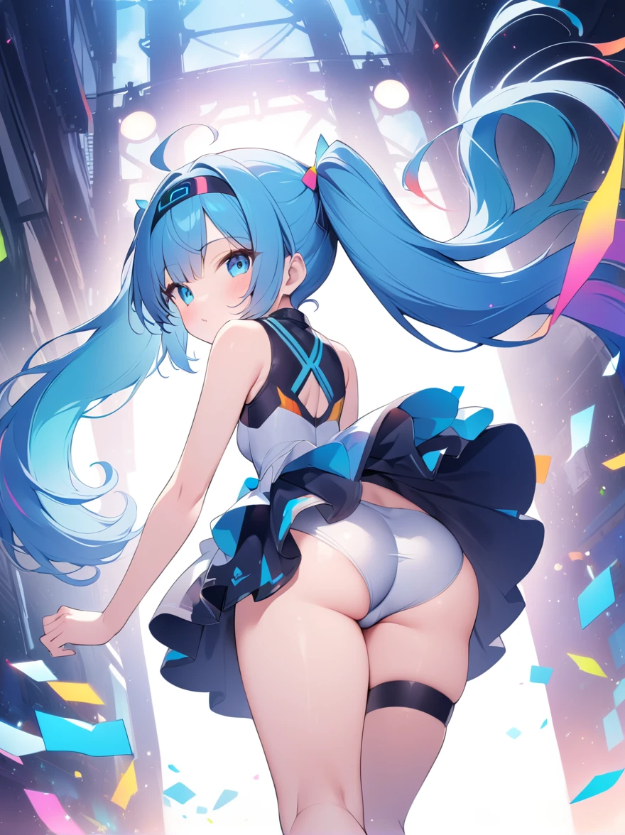 (A young woman with cyan hair in double ponytails:1.5),She is wearing a futuristic outfit,Consists of an electronic-themed dress。Her headband consists of a square-shaped emblem.,Hanging ribbons。The color palette includes cyan、black and white,The overall tone is colorful and vibrant,((Looking directly at the audience,first-person view, ass pov))
