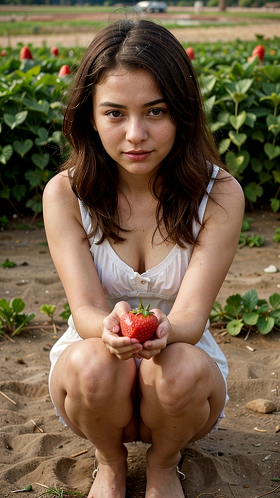 A girl sits in a basin against the background of a strawberry plantation, a strawberry field, greens, strawberries hanging professional photo, detailing, best quality