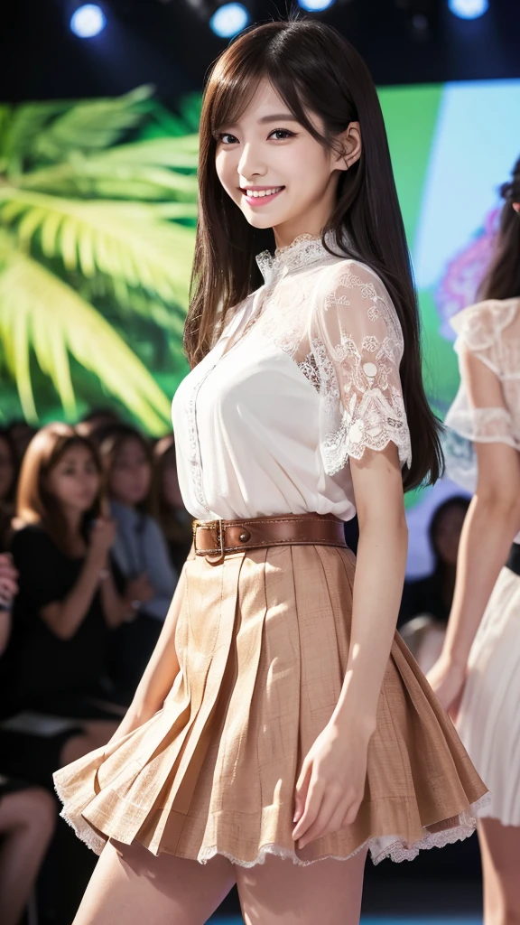 Amazingly large eyes、Smiling expression with white teeth visible、H cup bust、50cm waist、Slender and fair-skinned、Japan woman with long hair、20-year-old、Slim figure、Wearing a pleated skirt and a sheer lace blouse that flutters in the vivid breeze、Wearing high heels。On the runway at a fashion show、Her whole body was shown, from her high heels to her head, as she walked towards the viewer.、Bright, photo-quality images。
