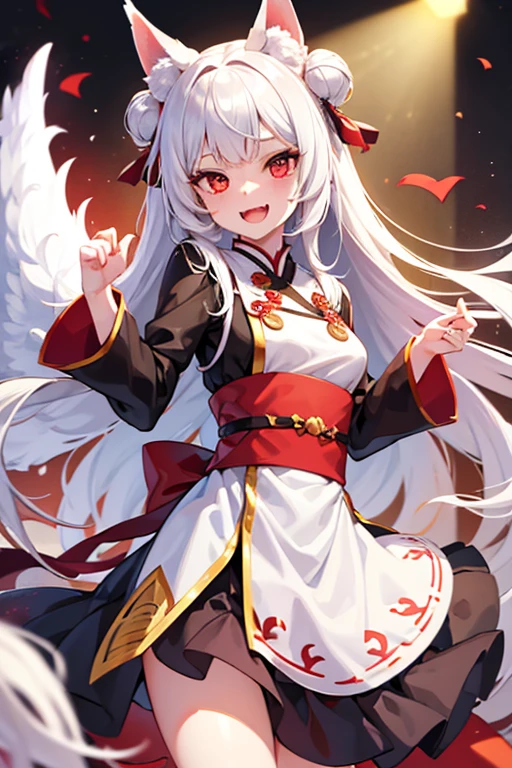 1girl, solo, young girl, , white hair, red eyes, fox ears, fox girl, angel wings, hanfu, silk, long sleeves, open mouth, smile, fangs, look at the audience, cringe, silent echo