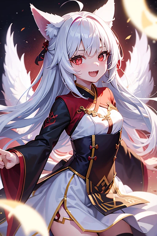 1girl, solo, young girl, , white hair, red eyes, fox ears, fox girl, angel wings, hanfu, silk, long sleeves, open mouth, smile, fangs, look at the audience, cringe, silent echo