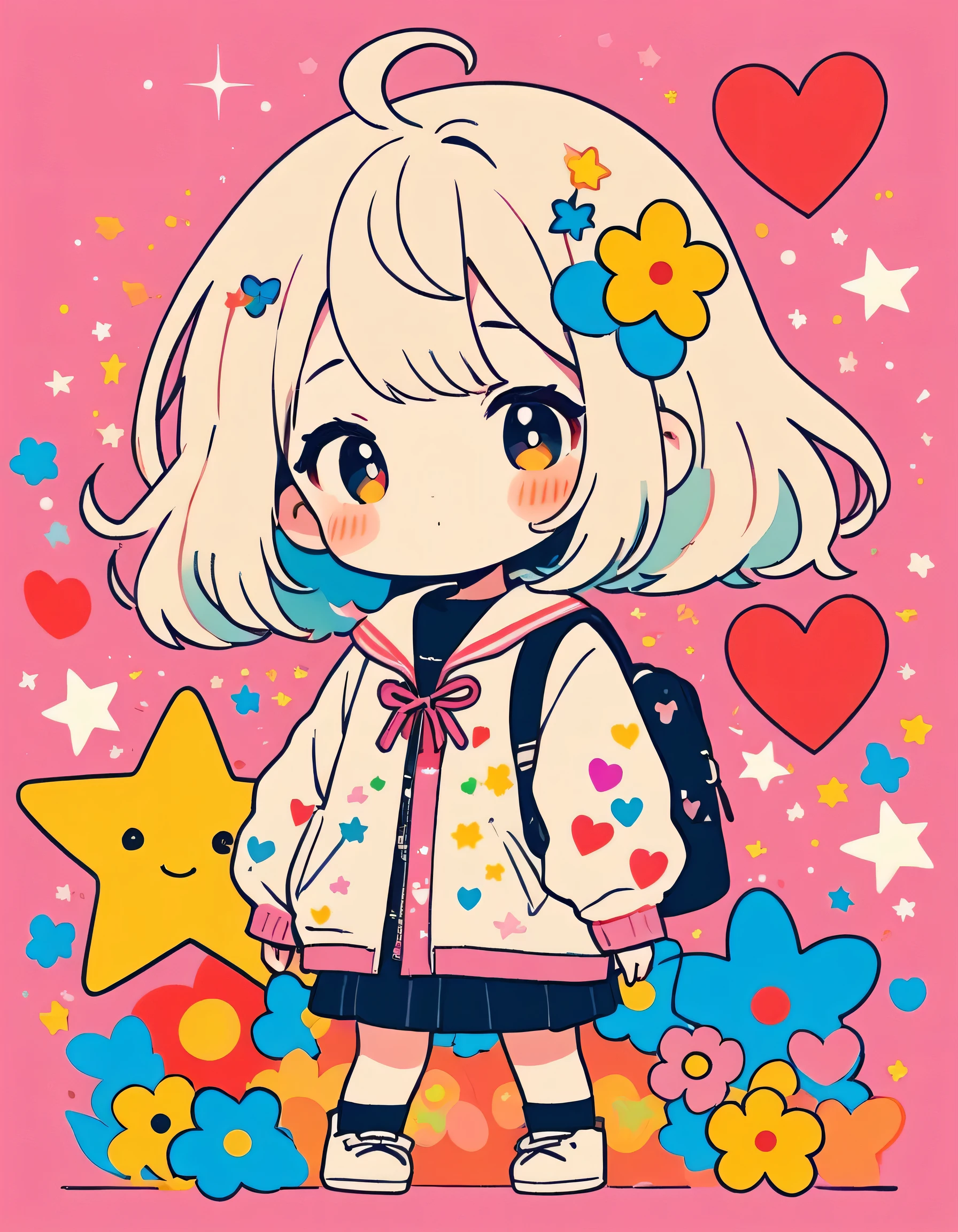 Mika Pikazo style, Simple Line Initialism,Abstract art,Kawaii Design, The most beautiful girl of all time、chibi, The background is star dust, colorful hearts, colorful flowers