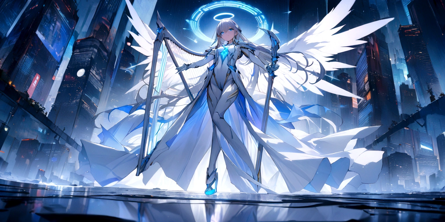 ((masterpiece, Highest quality, Best image quality, High resolution、４ｋ)) An angel in the center of the screen、Glowing white wings、Glowing halo、Calm expression。Wearing flowing cyber robes、god々Shining with a bright light。With a harp in his hand、Playing the Harp、Glowing blue eyes and advanced cybernetic enhancements. Seen in dynamic action poses, reflection on a smooth surface. The cityscape below is filled with towering skyscrapers., illuminated by colorful holographic advertisements, Shining with blue energy, Mighty power. The overall atmosphere is dark and mysterious., It had a futuristic techno vibe.. The lighting is dramatic, Intense highlights and deep shadows, Creates depth and tension