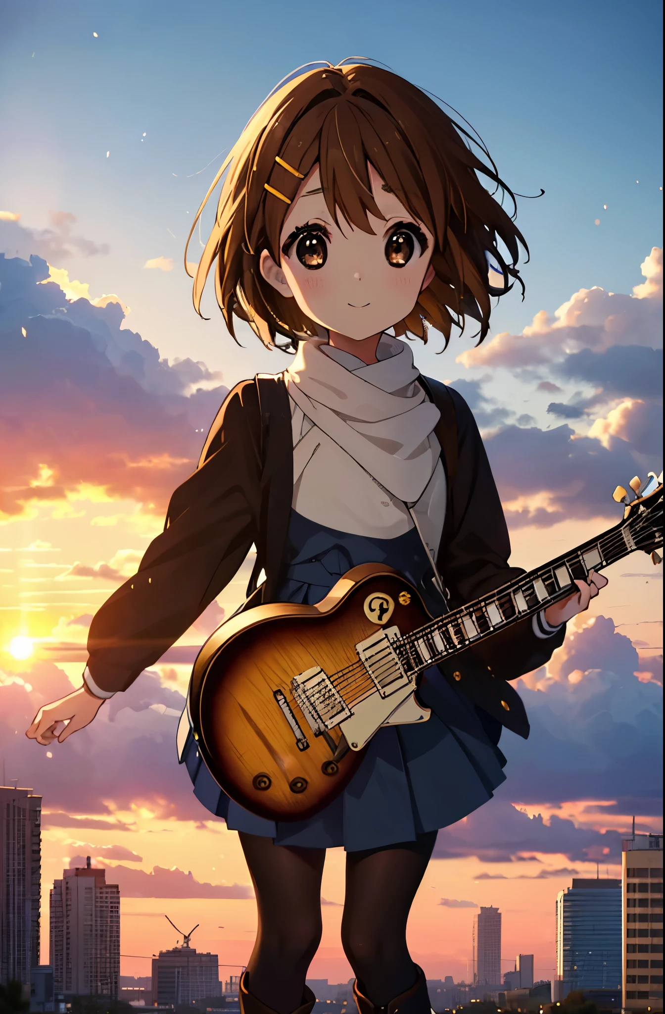 yuihirasawa, Yui Hirasawa, short hair, Brown Hair, hair ornaments, (Brown eyes:1.5),blush,smile,White oversized sweater, Black pleated skirt,White Pantyhose,short boots,Hair Clip,guitar(Gibson　Les Paul)Flip、smile、Overlooking the city from the top of the hill、Beautiful sunset、the wind is strong、whole bodyがイラストに入るように,
break otdoors, 丘
break looking at viewer, whole body、
break (masterpiece:1.2), Highest quality, High resolution, unity 8k wallpaper, (shape:0.8), (Beautiful and beautiful eyes:1.6), Highly detailed face, Perfect lighting, Highly detailed CG, (Perfect hands, Perfect Anatomy),