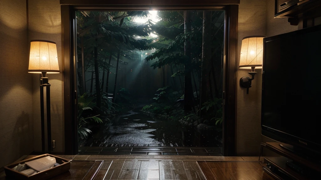 photography, style of Makoto Shinkai studio and Greg Rutkowski, dark black. broad horizon, rainy, Japan, deep forest, traditional courtyard, flattop single-layer house, faintly visible silhouette, close-up of big panorama transparent wall, curtain, low bed, crowded workbench, PC, TV, desk lamp, bookshelf, mural, passageway, head-up, horizon, realistic, high definition, ultra detailed, clear textures, highest resolution, highest-quality, local light, down light, side light, leaky light, back light, rim light, reflect light, depth of field, bokeh, cinematic, panorama, full size. look from inside.