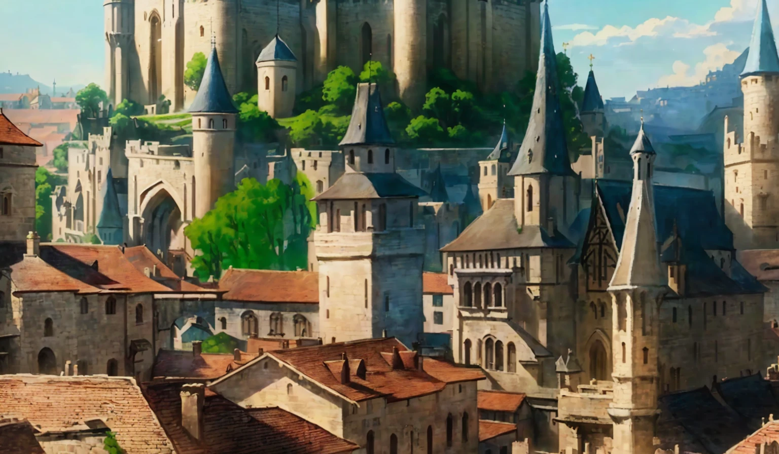 There is a big castle，There is a bell tower above, Town Background, Medieval city background, Medieval city, Zootopia concept art, Medieval fantasy town, Medieval town landscape, a Medieval city, Background of Fuxing Port City, a bustling magical town, Illustrations, In Zootopia, Medieval town, Castle Town, Flat painting, Fantasy cityscape