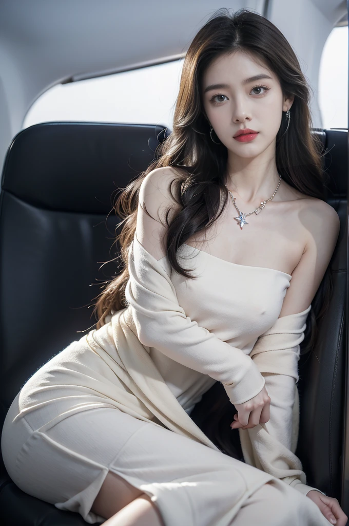 (((best quality))),(((ultra detailed))),(((masterpiece))),illustration,(a beautiful girl,female passenger,solo),(parted red lips),((slim,thin)),((bare back,towering hips,butt crack)),((earrings,crystal necklace)),(slender legs:1.2),(sitting on the seat:1.2),summer night,((in airplane,economy class,indoor)),(blanket over shoulders:1.3),((dress)),(shoulder length straight bob hair:1.2),stars,moonlight,smooth flight,engine sound,lullaby,relaxed,excited,laughing,visiting family,comfortable seats,soft fabric,headrests,adjustable,beauty of night sky,dimmed lights,sleeping passengers,movies,personal screens,staying awake,magic of sky,joy of being with family,memorable journey,adventures,(surrounded by crowded crowds:1.3),(Outside the window is high-altitude night view:1.2),((from back,upper body))