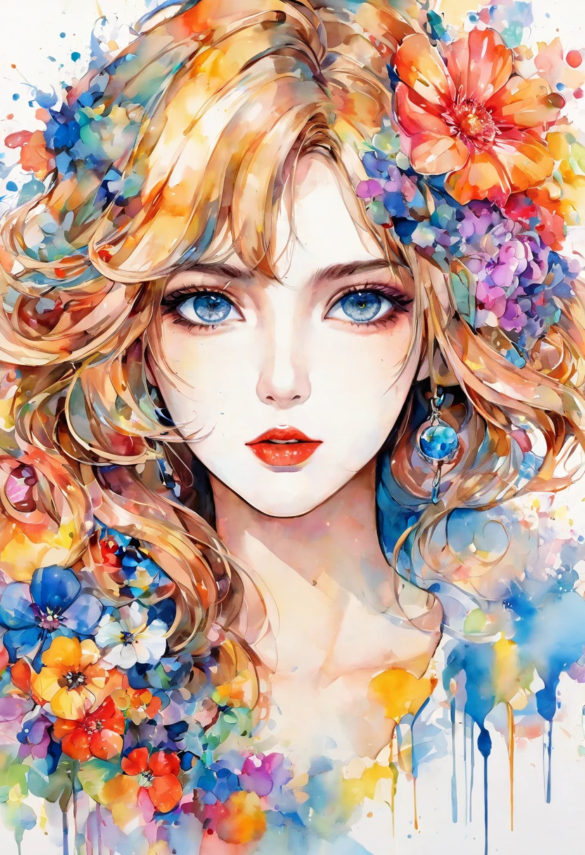 beautiful woman portrait, Sylvia Pelissero watercolors, colorful flowers、beautiful eyes、 abstract art, intense watercolor, watercolor detailed art, watercolor splash, surreal, avant-garde pop art, Beautiful and expressive paintings, Beautiful artwork illustration, very colorful tones, wonderful, cool beauty, highest quality,official art, women only, sharp outline, best shot, vector art, lips in love、 (((The strongest beautiful women of all time))), (((Japanese)))、clear, (((highest quality))), lips in love, HDR, ((Detailed details)), stylish fashion, detailed clothing texture, (((graffiti art))), colorful hair, ((masterpiece))、((Super detailed))