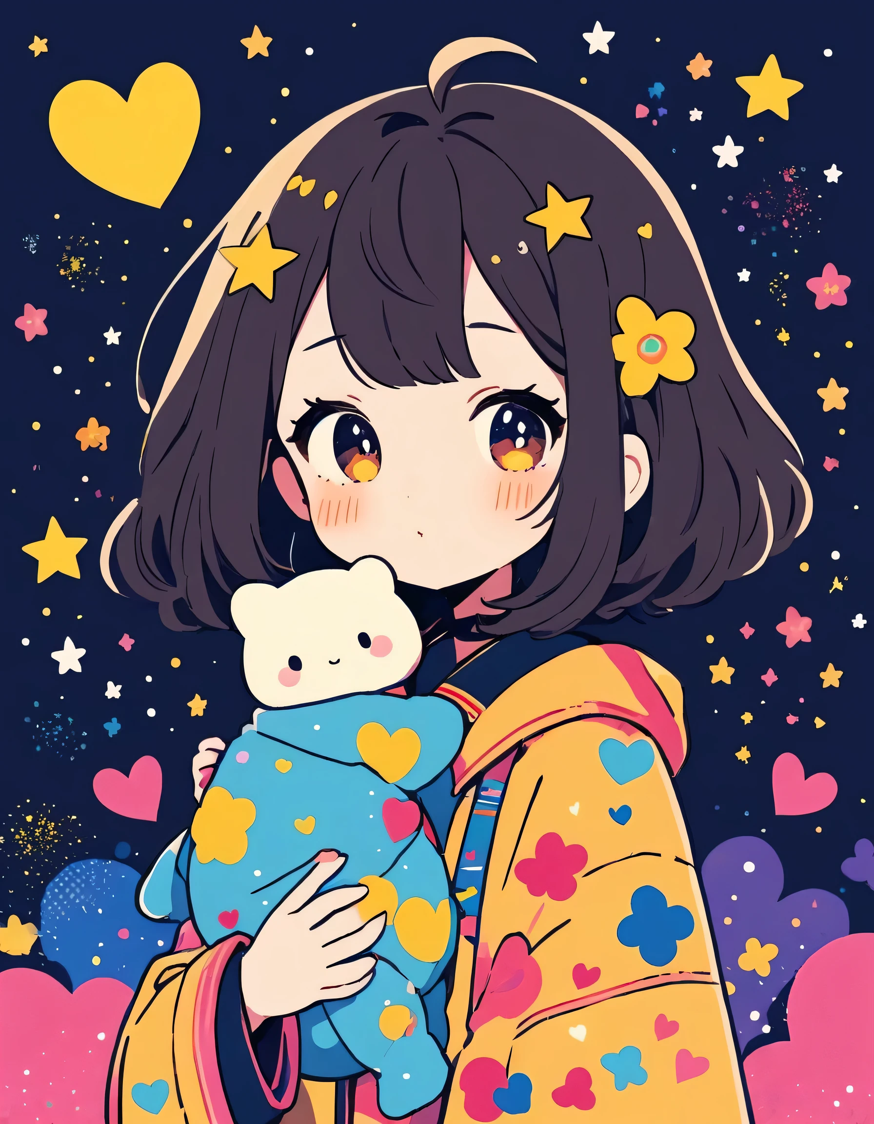 Mika Pikazo style, Simple Line Initialism，Abstract art，Kawaii Design, The most beautiful girl of all time、chibi, The background is star dust, colorful hearts, colorful flowers