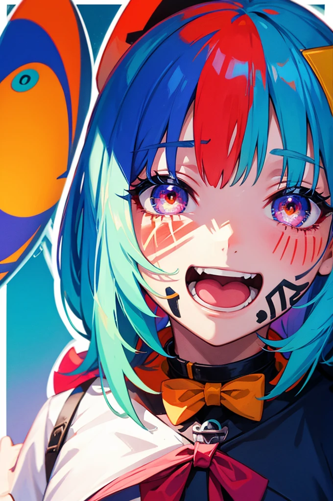 Graffiti Face, Colorful eyes, Open your mouth, Yandere Official, smile, View the viewer, I can't see my hands, pastel colour, thought, Get help