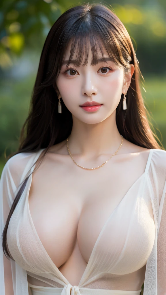 1 Girl, National Foundation, ((8K, born, masterpiece: 1.5)), (Professional photography, sharp:1.2), Perfect dynamic composition, (Natural sunlight), (Soft Shadows), (Perfect body:1.4), (((Thin body type))), ((Huge round breasts: 1.35)), (((((Medium Long Hair,bangs))))), Highly detailed face and skin, The perfect Asian, White skin, (Delicate skin:1.4), (Latex Skin:0.4), (Perfect glowing skin:0.6), Light brown eyes, Beautiful Eyes, Round eyes, Pretty face, blush, Glossy Lips, ((Fuller lips)), Sparkling Eyes, Really moisturized skin, looking at the camera, elegant necklace, Elegant earrings, Minimalist, Random, under-exposed clothing