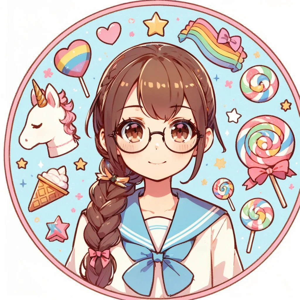 Circular emblem{star、ribbon、unicorn、candy、rainbow}、A girl with a single braided hairstyle{Glasses、Brown Hair、Brown eyes、Light blue sailor suit}