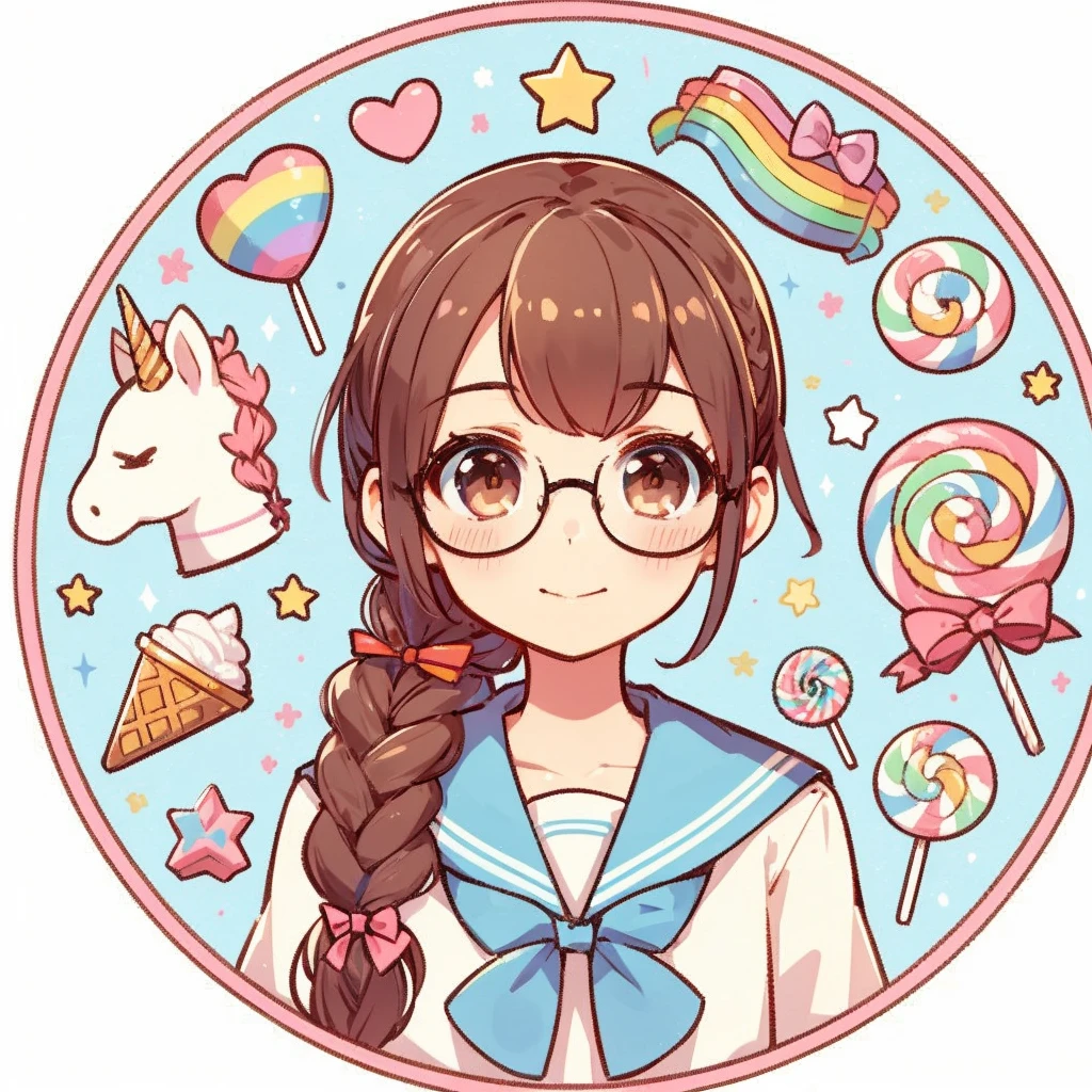 Circular emblem{star、ribbon、unicorn、candy、rainbow}、A girl with a single braided hairstyle{Glasses、Brown Hair、Brown eyes、Light blue sailor suit}