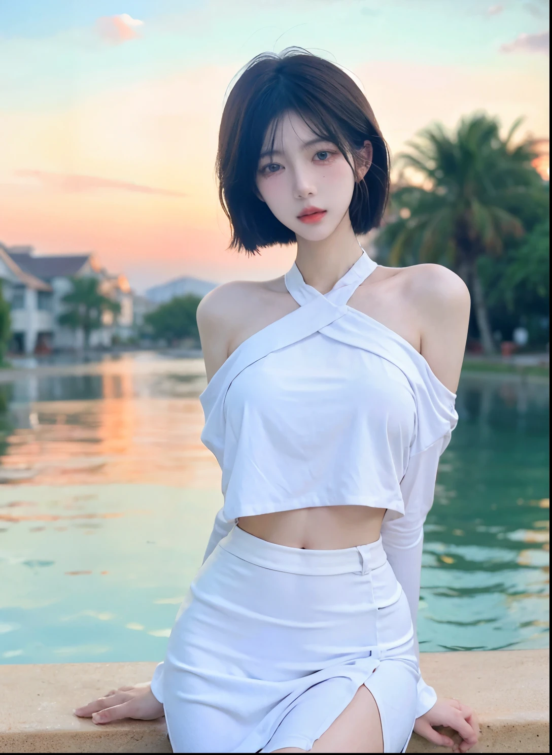 Beautiful woman with perfect figure:1.4,Swimming background,Desert Background,Ultra-high resolution,Seductive laughter,wear glasses,White legs,(lifelike:1.4),Layered Hairstyle,White skin,Black mini pleated skirt,whole body,Very delicate face and skin texture,Double eyelids,Skin Whitening,Long hair,White hair,White,
