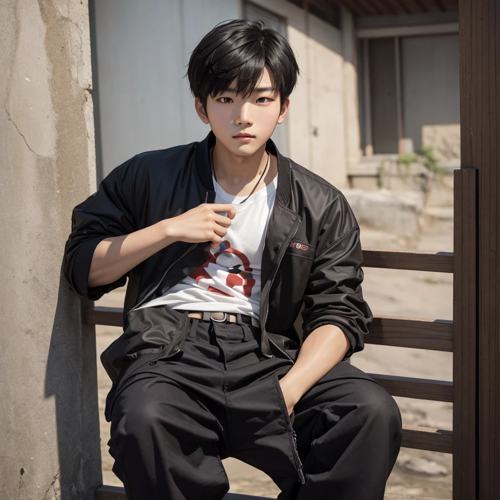 A Chinese young adukt boy with black hair and brown 
