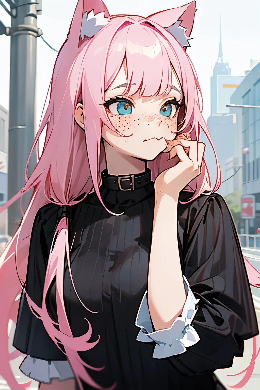 score_9, score_8_up, score_7_up, score_6_up, score_5_up, score_4_up, score_9, egirl, e girl, black tshirt with white striped sleeves, pink hair, bangs and long sides, freckles, collar, cat ears, biting lip, looking away, outdoors