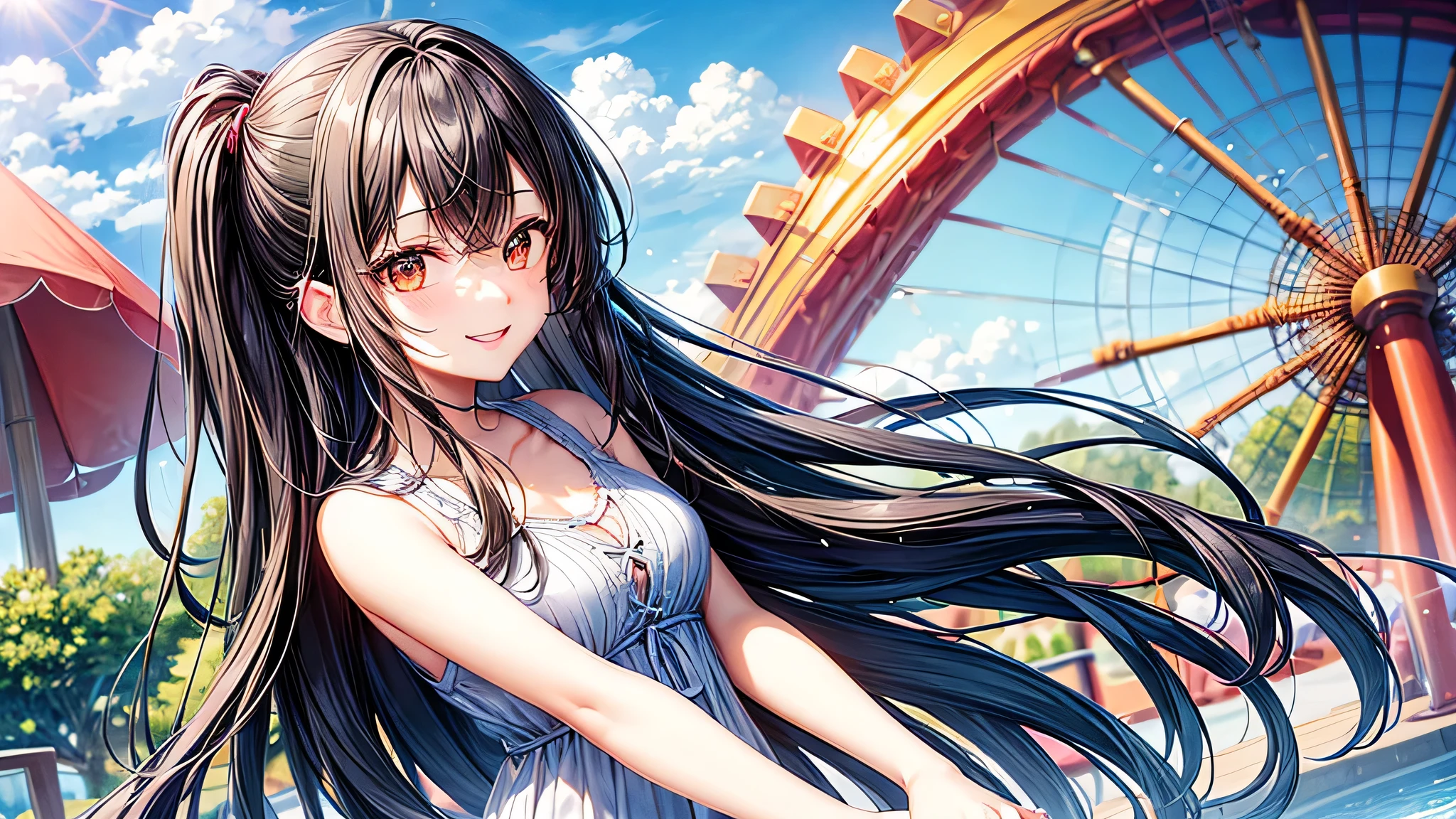 amusement park , One Girl , Black Hair , Long Hair , Brown eyes , smile , summer , Date , Cute Anime Girl