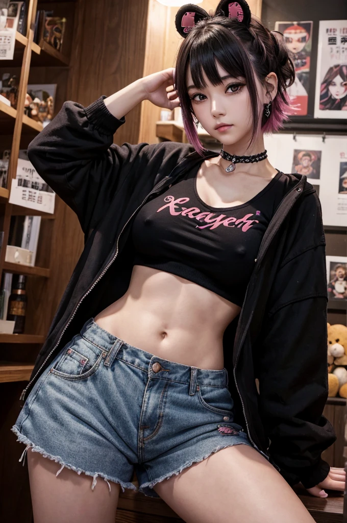 nsfw,Stuffed bear、teddy bear、teddy bear、Gothic punk、耳Nipple Ring、hair adornments、A dark-haired、pink and black colors、Bobcut、black pink shirt、、Black shorts、鈍い前hair、Photorealistic, High resolution, 1 girl, Korean, andye of Fire、Afterimage of flame seen from the eye、teddy bear、🧸、teddy bear、Goth、(Tabletop), (Portraiture), (beautiful), (beautiful), (Upper blood), (high quality), (beautiful衣服), (Professional Perspective), (Rule of thirds), (feminine), (woman), (woman), (beautiful),(feminine features), (Age 25), alone, woman1名, (Attractive punk girl), Winters, Dramatic Light, ((I&#39;m playing the guitar)), (Are standing), anddgy makeup, (Small Bust), ((Electric guitar)), (Front Face), (Resistance的な表情), ((Resistance)), (Leather jackets and tattoos), ((Short hair)), (dyed (and.G. and pink) hair), (spiky hair), (Thick hair), Matte shine hair, (Hair bands scattered in the hair), (Green eyes), (A bold and daring look), (Pale skin), (Dark clothing), (Band T-shirts), (Ripped jeans), (-), Crew neck), ((Urban alley background)), (Close-up shot), beautiful hands, both hands, Normal hand, Two arms, Complete Hand, beautiful body, beautiful fingers, Normal finger, Five Fingers, Five Fingers, (Thumb Index Finger Ring Finger), beautiful ears, Normal ear, beautiful eyes, Shining Eyes, beautiful mouth, beautiful lips,(Nipples)、(Showing off your crotch)、(Tattoos all over the body)、(A body covered in tattoos)、