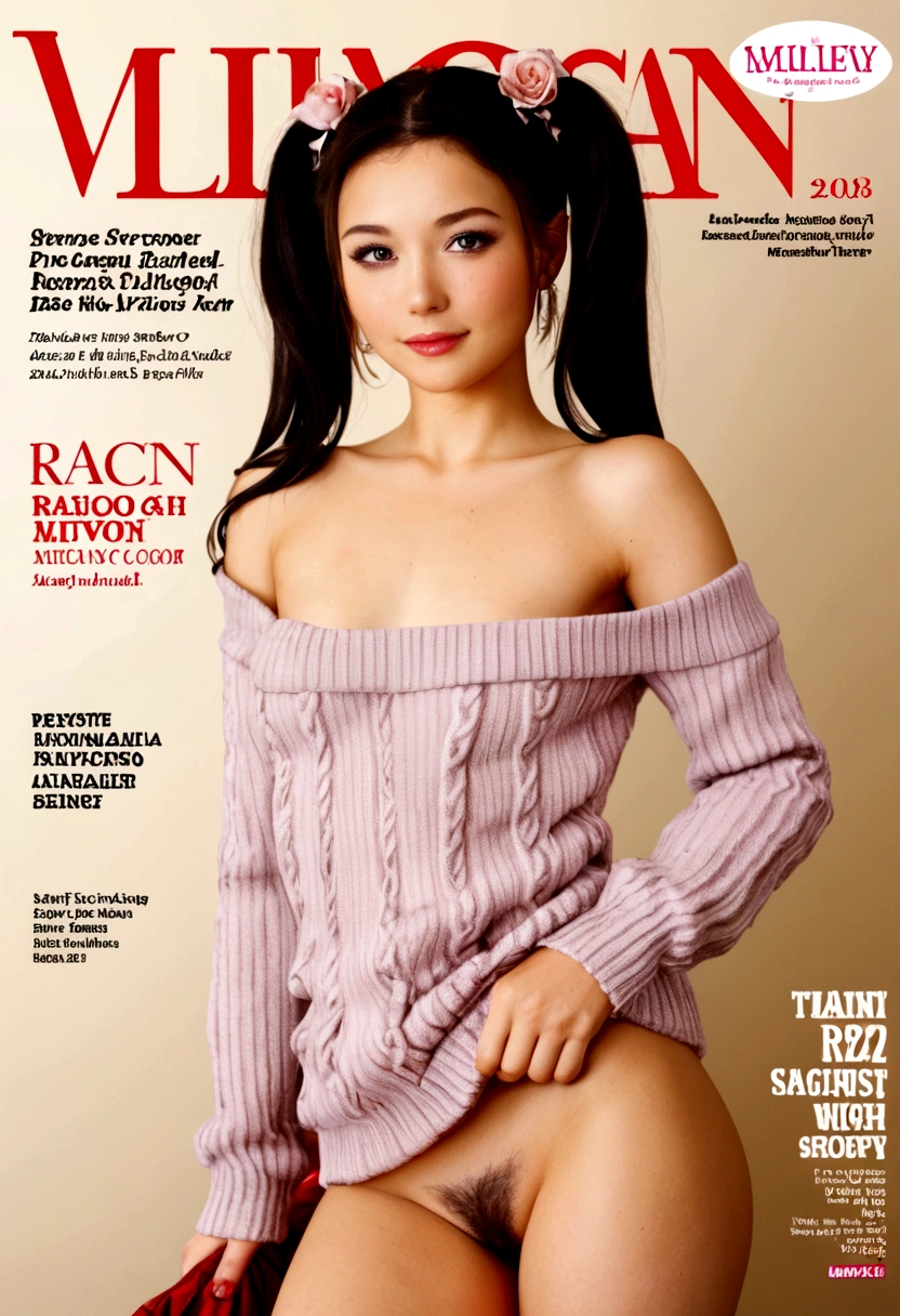 Magazine cover,Twin Tails,Beautiful sexy woman(Wear an off-shoulder sweater),,(Smooth skin),E7E48U，excited，Small Breasts，pubic hair