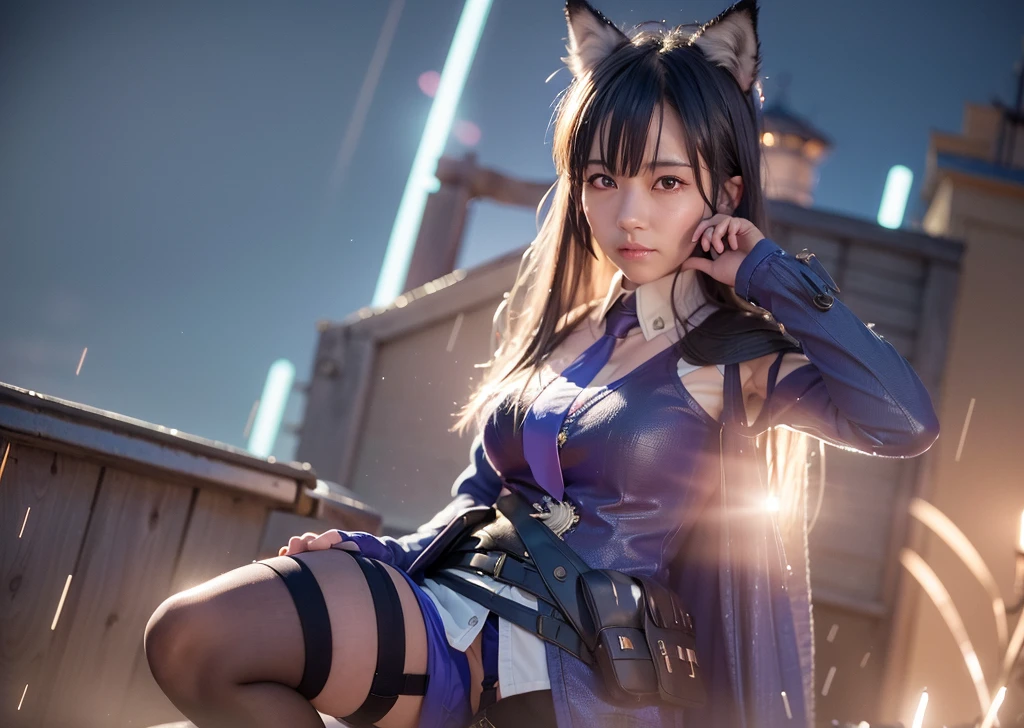 (8k, RAW photo, best quality, masterpiece:1.2), (realistic, photo-realistic:1.37), (omertosa),1girl, (Kpop idol),(aegyo sal:1), ((puffy eyes)) thigh highs, medium breasts ,(full body), looking at viewer, facing front, shiny legwear, cute, cityscape, professional lighting, photon mapping, radiosity, physically-based rendering, night, rain, wet, wolf ears, light smile, full-face-blush, gloom \(expression\), shy, annoyed, unhappy,